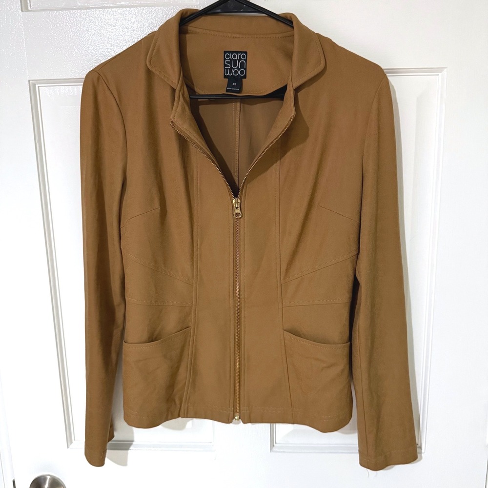 Clara Sunwoo Camel Tan Faux Suede Zip Up Jacket XS Gold Zipper Pocketed